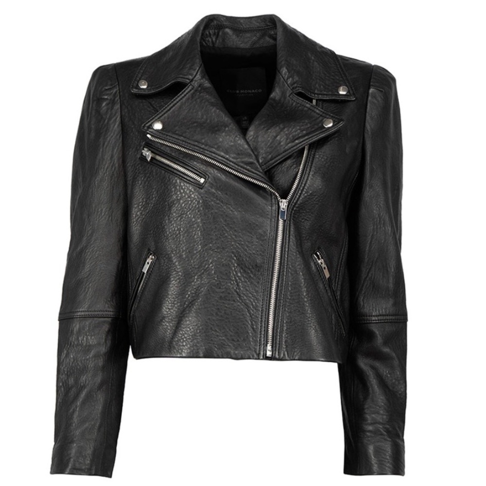 Club Monaco Collection Cropped Leather Biker Moto Jacket - Size Small - Picture 6 of 9